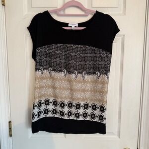 Calvin Klein Women Black Geometric Print Cap Sleeve Top Shirt Size Medium